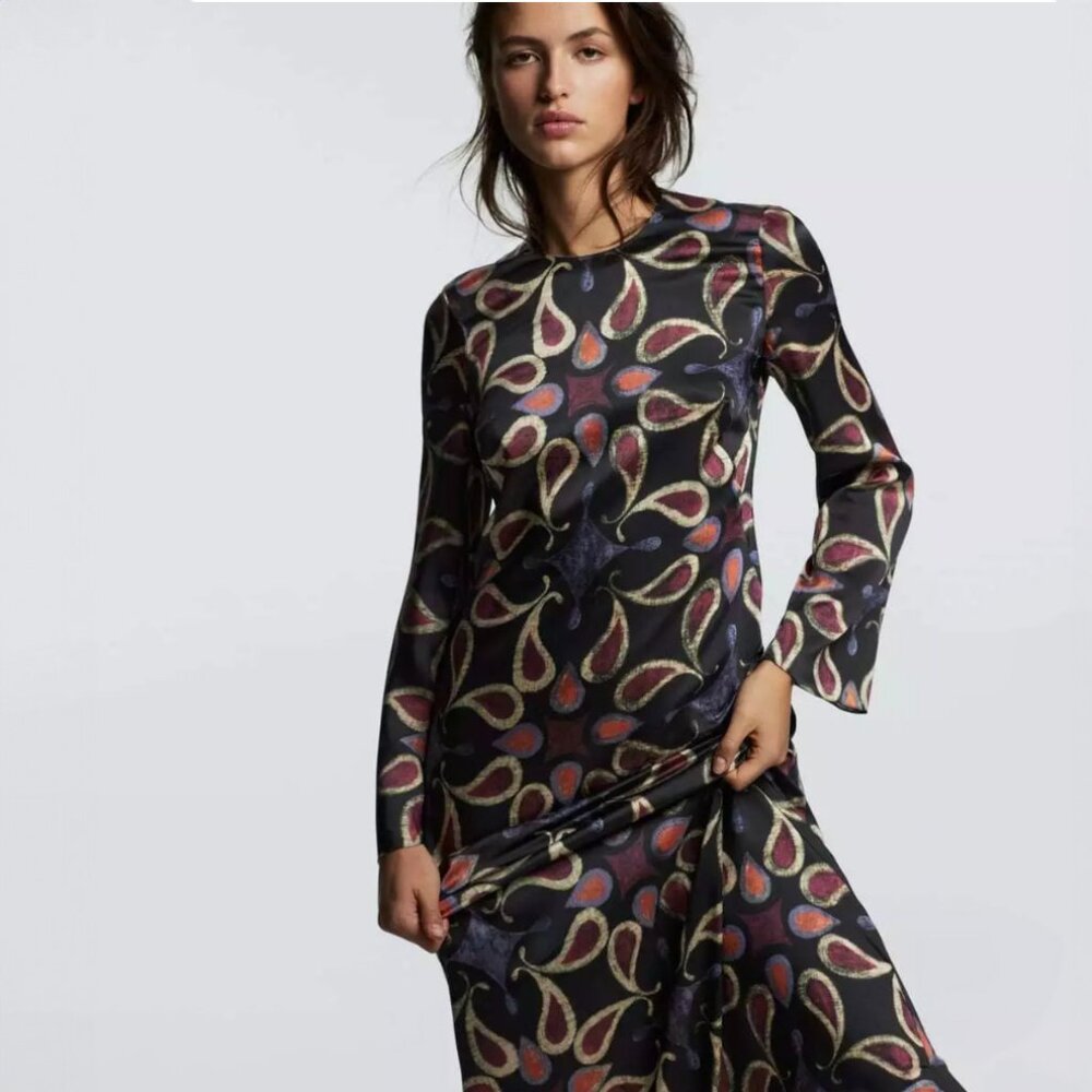 ZARA XS PAISLEY PRINTED MIDI DRESS SATIN NWT